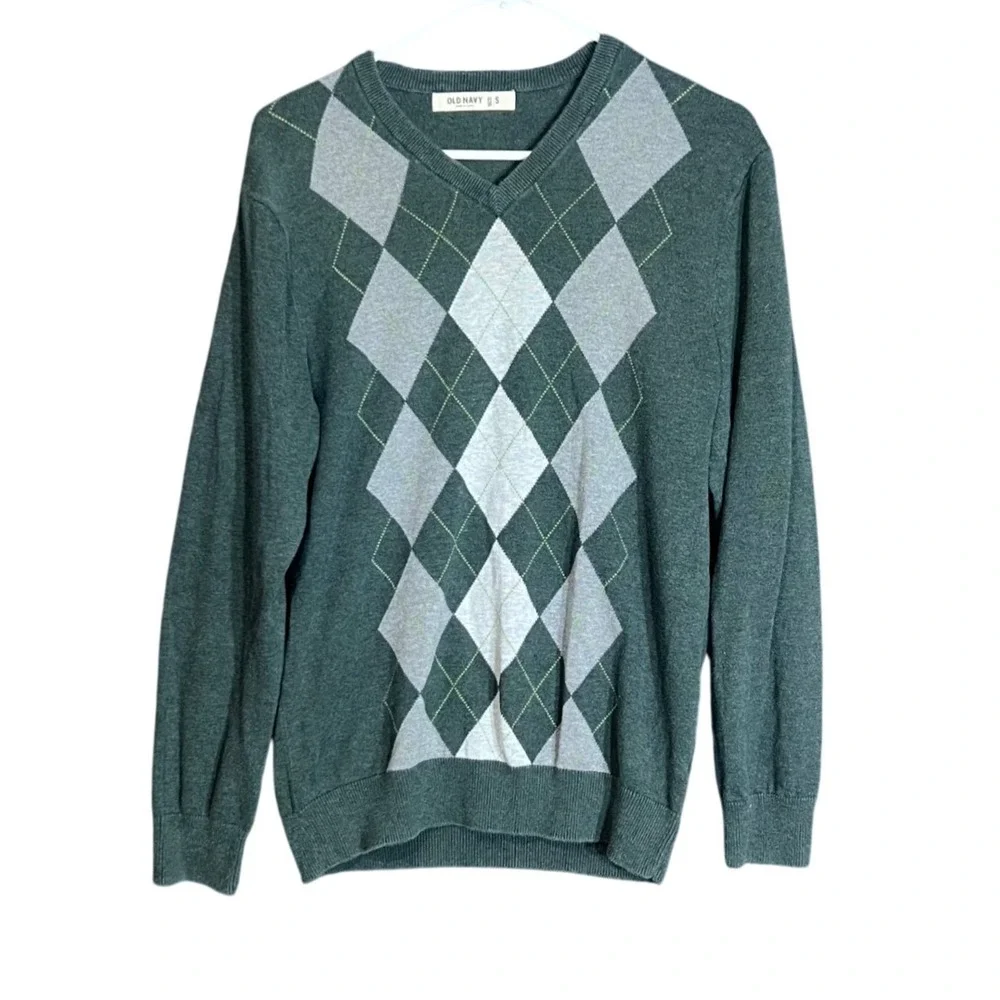 Old Navy Mens Size Small V Neck Sweater Green Argyle Classic Fit Preppy‎ Fall